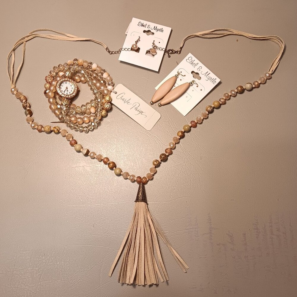 Ethel & Myrtle glass & stone necklace earrings set, glass bead stretch bracelets